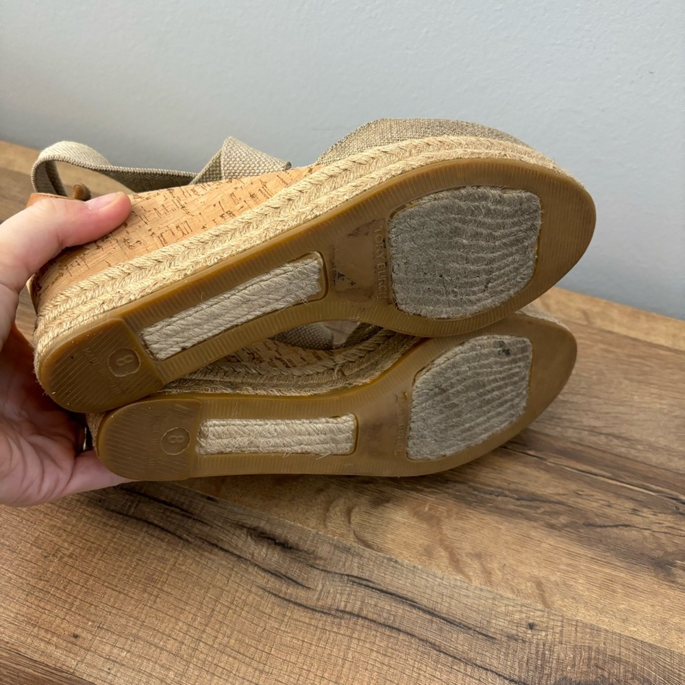 Tory Burch Natanya Peep Toe Cork Wedge Espadrille Sandal Honey Wheat Women’s - Picture 6 of 9